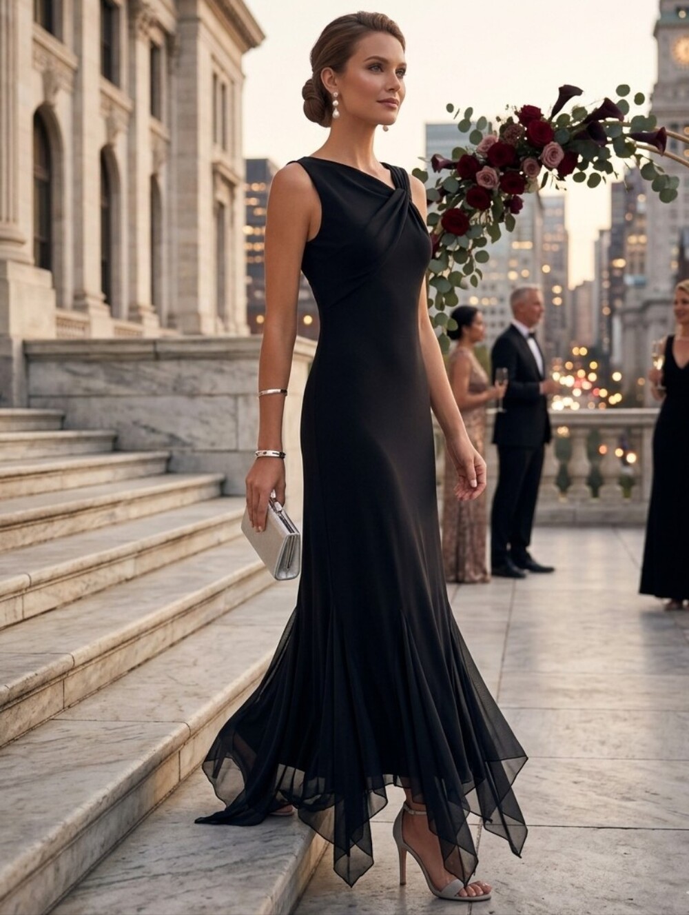 S.L. Fashions Black Sleeveless Twist-Neck Handkerchief-Hem Maxi Dress
